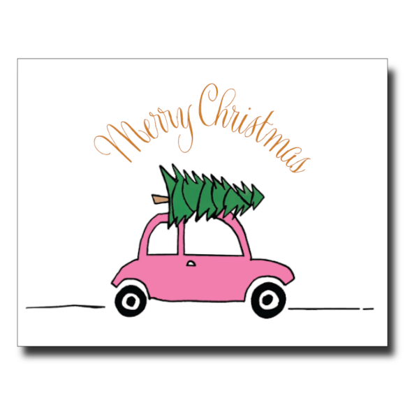 Pink Car Christmas card by Janet Karp